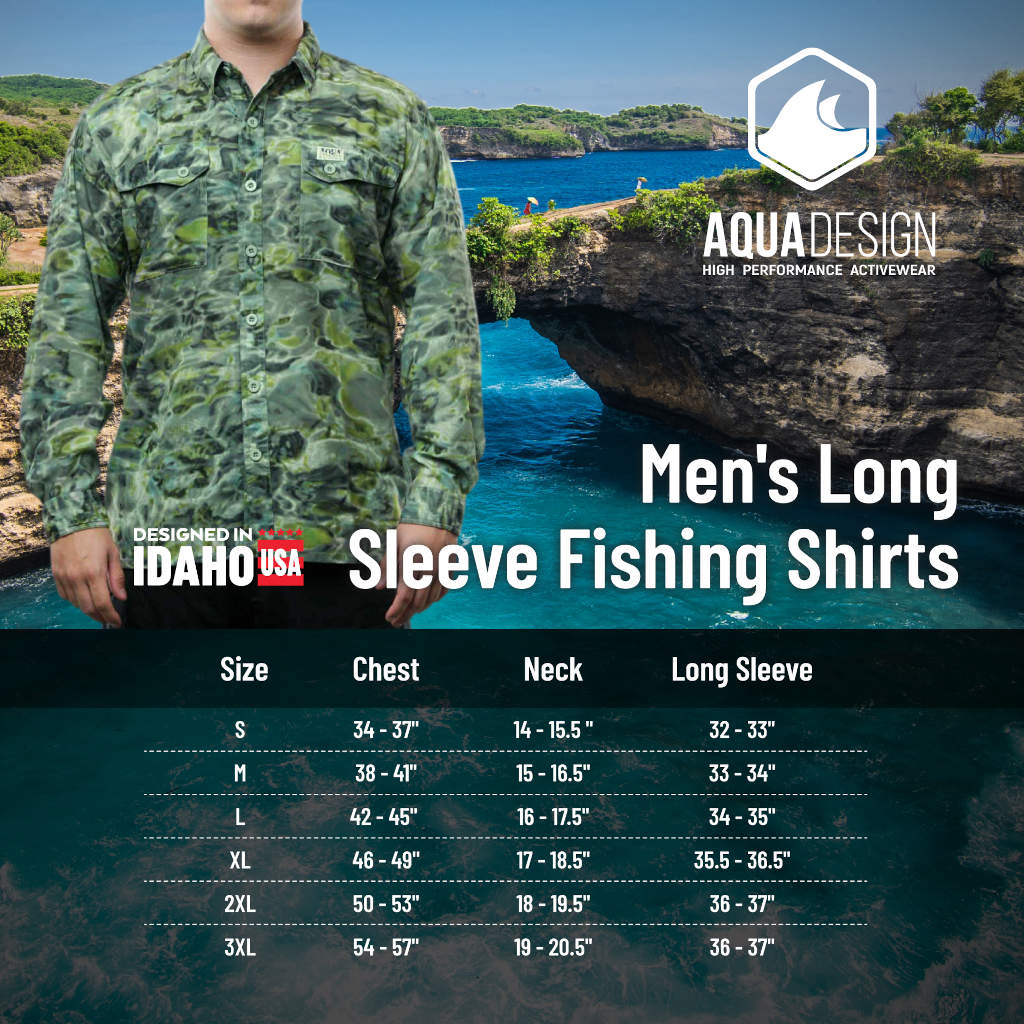 Aqua Design Mens Button Down Vented UPF 50+ Casual Shirt, Size Chart