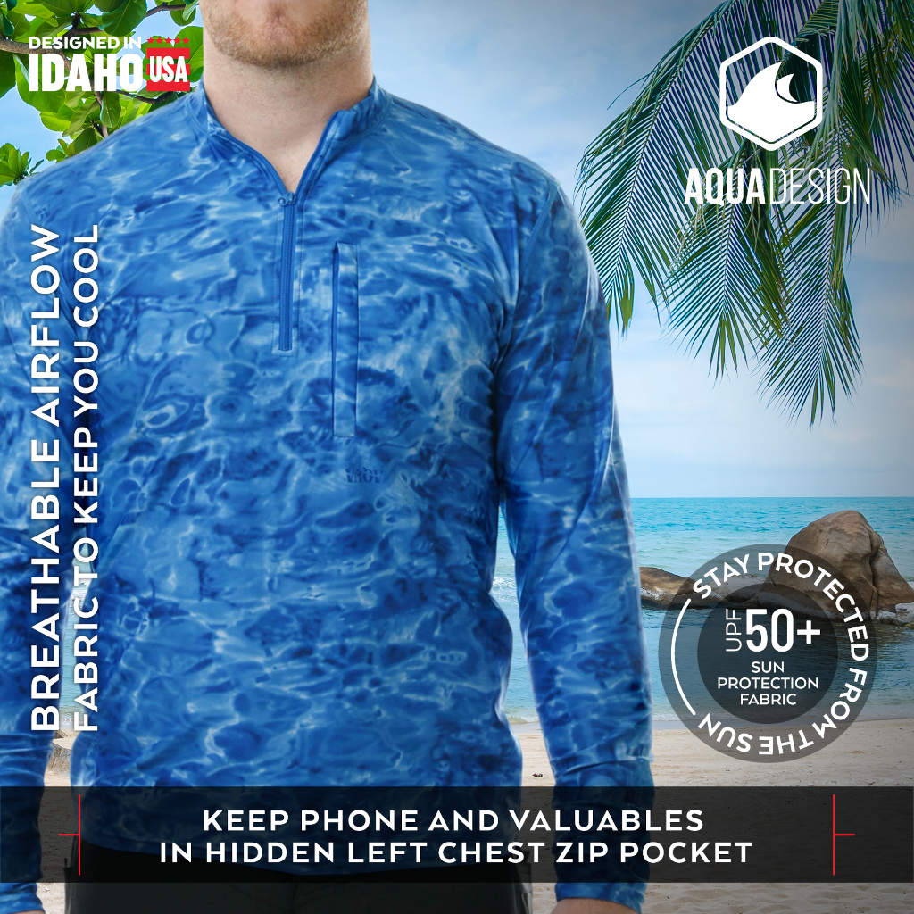 Mens 1/4 Zip Long Sleeve Camo Fishing Shirt | Aqua Design