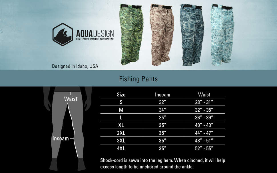 Aqua Design Mens Wading Convertible Camo Fishing UV Pants, Size Chart