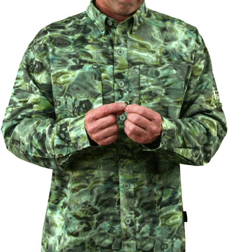 Aqua Design Mens Fly Fishing Flats Vented UPF 50+ Flats Shirt, Aqua Design Adventure Shirt, Green Bayou