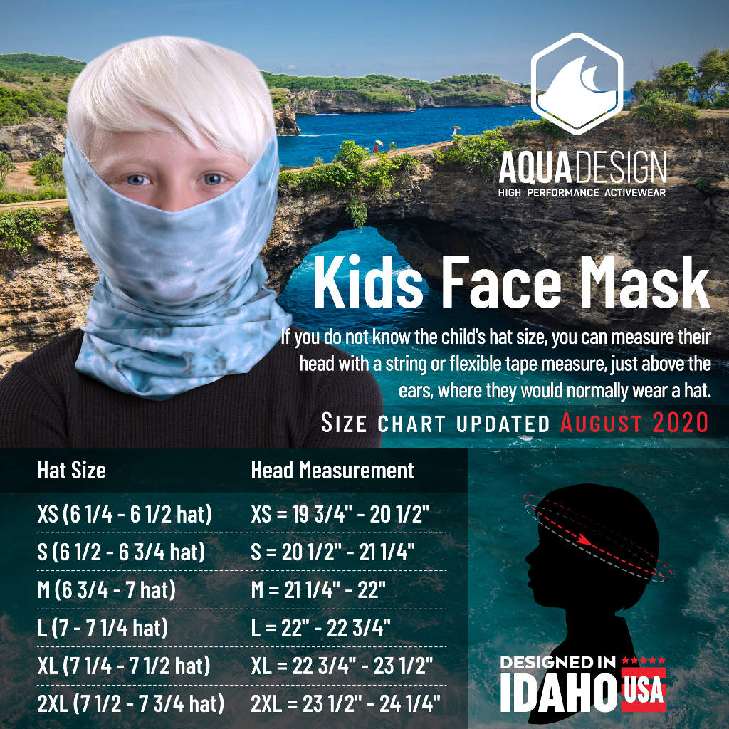Kids Reusable Sun Protection Cloth Face Mask UPF 50+ | Aqua Design Size Chart