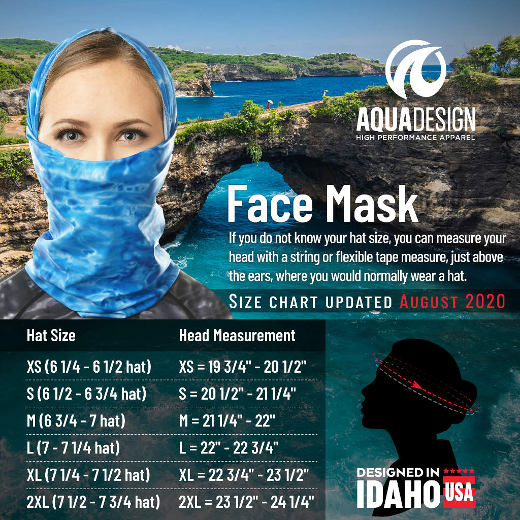 Aqua Design Womens Sun Protection Tube Face Mask, UPF 50+, Size Chart