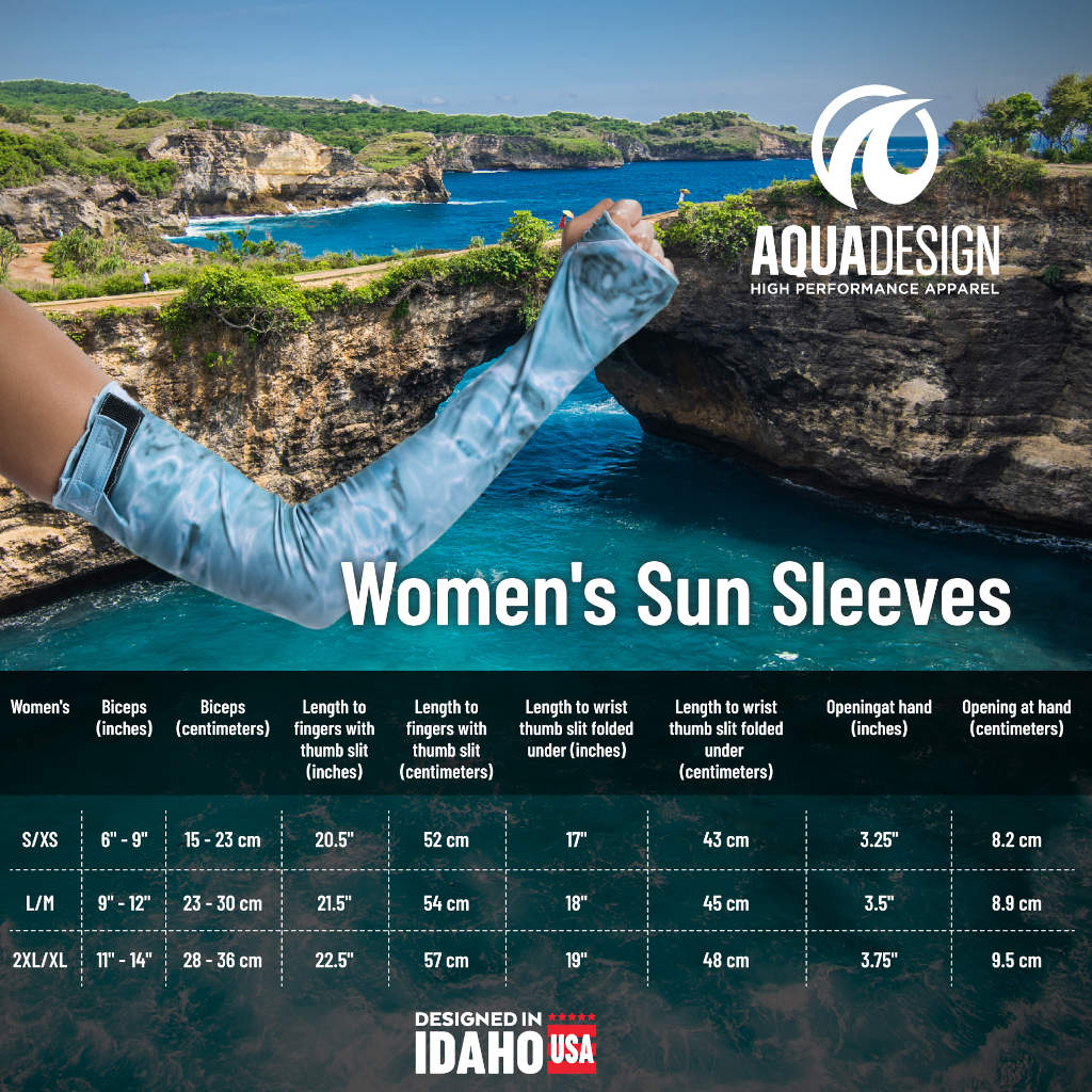Aqua Design Womens Arm Hand UV Protection Long Sun Sleeves, Size Chart