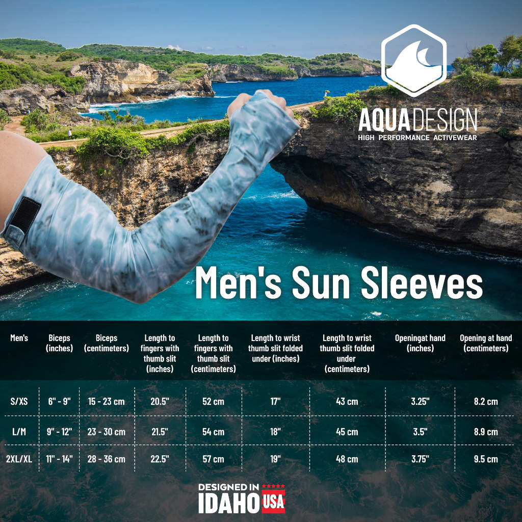 Aqua Design  Mens Adjustable Arm Sleeves UV Sun Protection- Sun Sleeves Size Chart