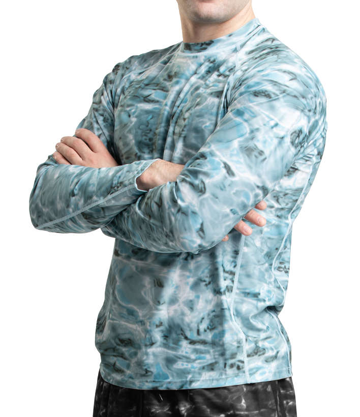 Aqua Design Mens Long Sleeve UV Rash Guard Camo Swim Shirt, Long Sleeve Rash Guard Shirt, Aqua Sky