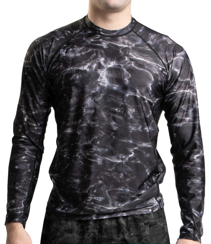 Aqua Design Mens Long Sleeve UV Rash Guard Camo Swim Shirt, Long Sleeve Rash Guard Shirt, Black Water