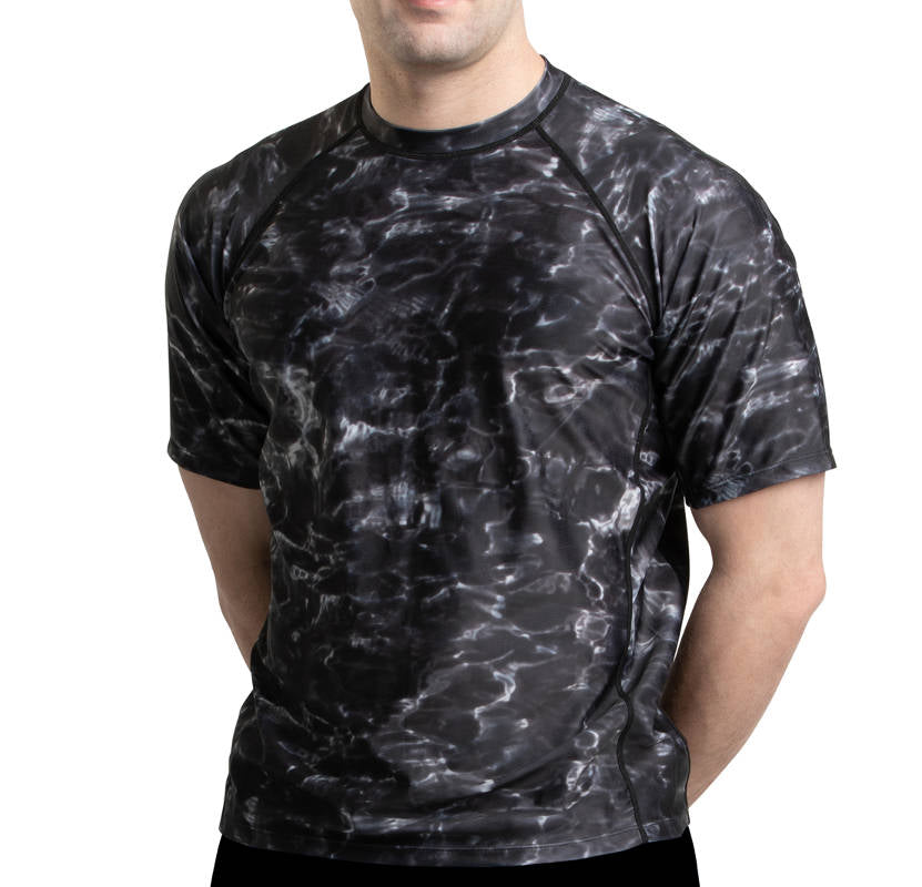 Aqua Design Mens Short Sleeve Loose Fit Swim Rash Guard, Mens Short Sleeve Rash guard Shirt, Black Water