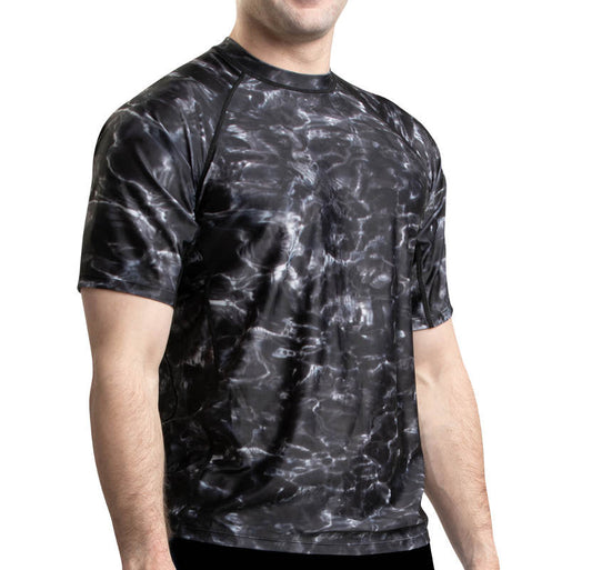 Aqua Design Mens Short Sleeve Loose Fit Swim Rash Guard, Mens Short Sleeve Rash Guard Shirt, Black Water