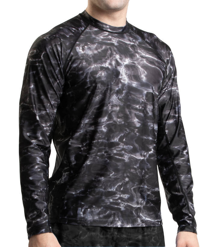 Aqua Design Mens Long Sleeve UV Rash Guard Camo Swim Shirt, Long Sleeve Rash Guard Shirt , Black Water