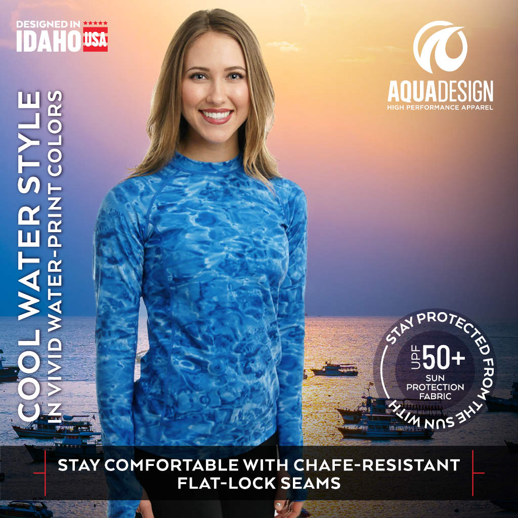 Womens UPF 50+ Rash Guard Long Sleeve Shirt | Aqua Design