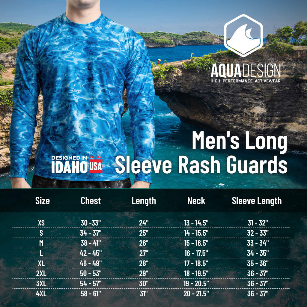 Aqua Design Mens Long Sleeve UV Rash Guard Camo Swim Shirt, Size Chart