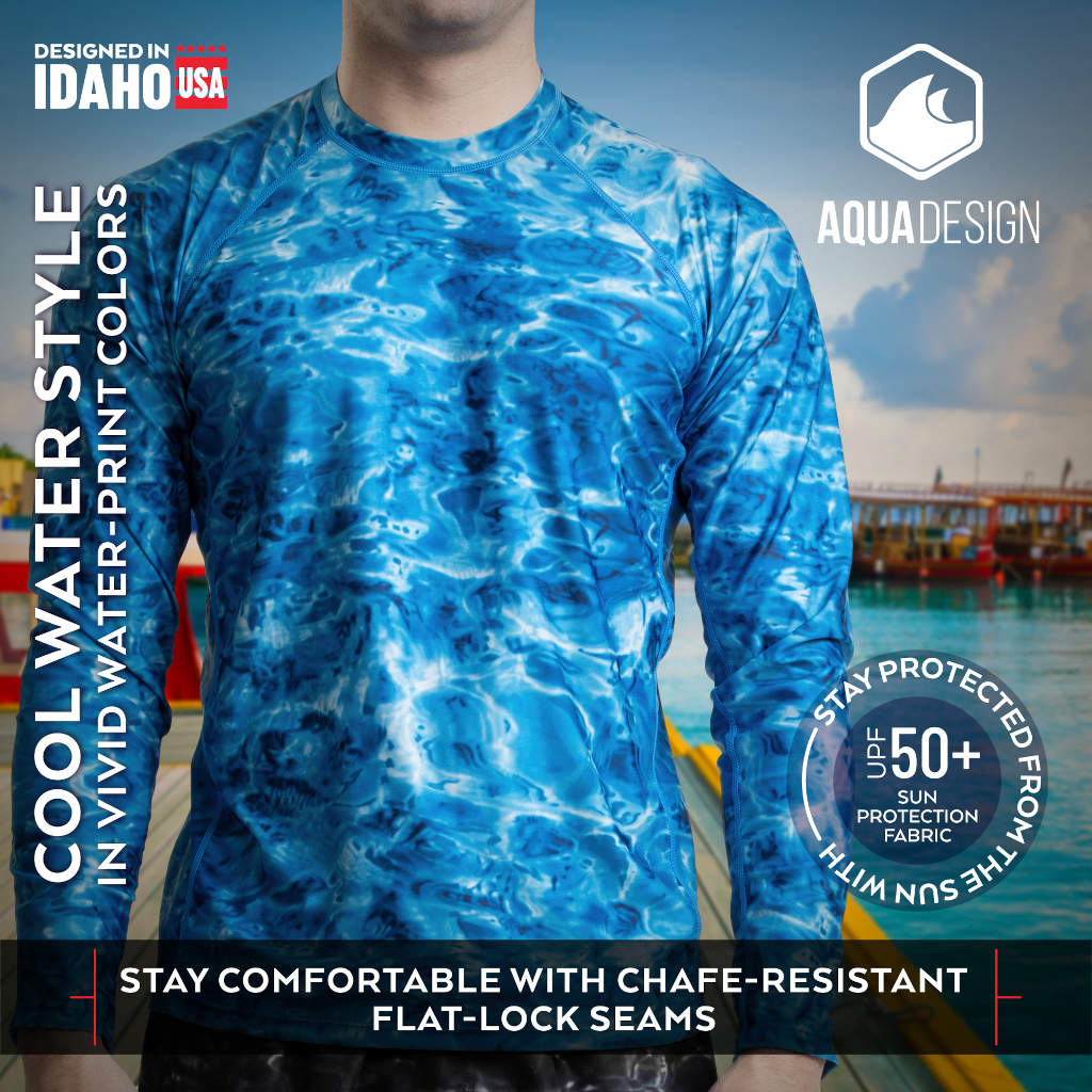 Mens Long Sleeve UV Rash Guard Camo Swim Shirt | Aqua Design