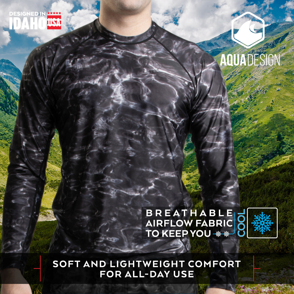 Mens Long Sleeve UV Rash Guard Camo Swim Shirt | Aqua Design