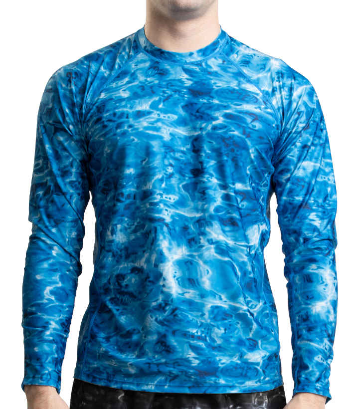 Aqua Design Mens Long Sleeve UV Rash Guard Camo Swim Shirt, Long Sleeve Rash Guard Shirt, Royal Ripple