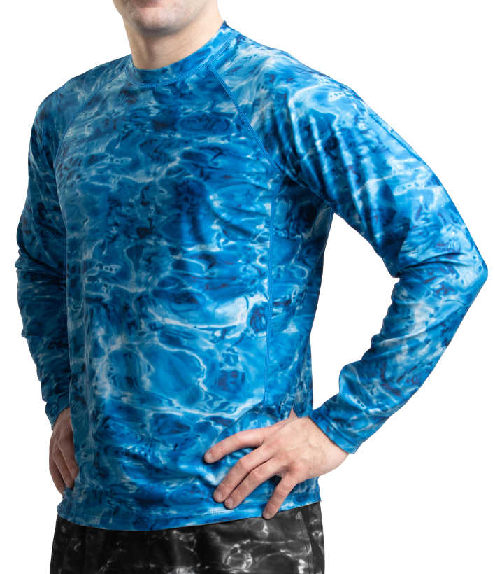 Aqua Design Mens Long Sleeve UV Rash Guard Camo Swim Shirt, Mens Long Sleeve Rash Guard Shirt, Royal Ripple