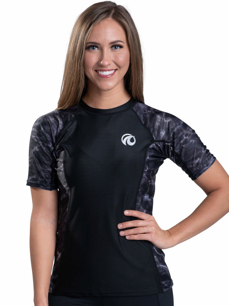 Aqua Design Womens Rash Guard Short Sleeve Surf Shirt, UPF 50+, Short Sleeve Rash Guard Shirt for Women, Black Water/Black