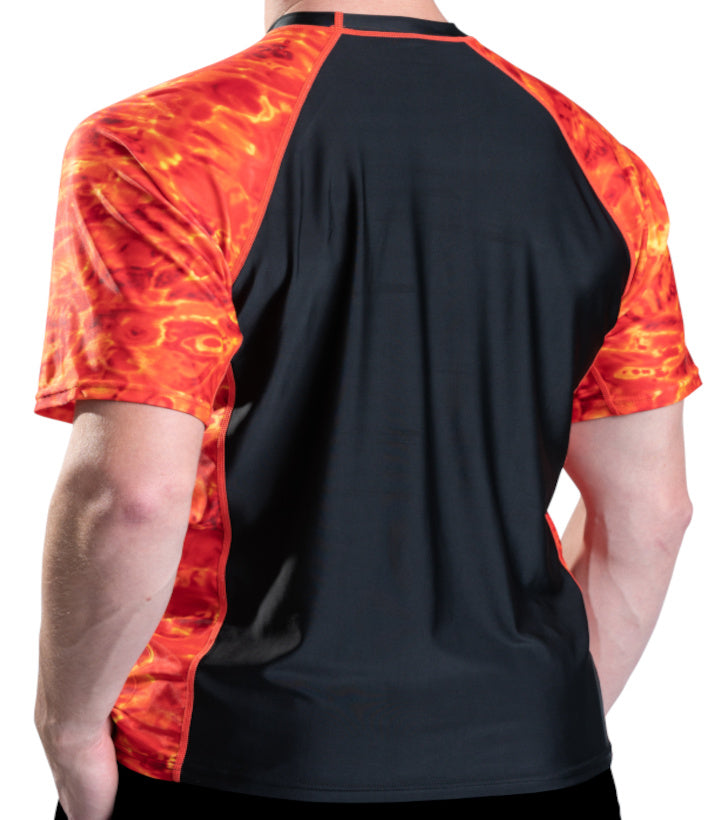 Aqua Design Mens Rash Guard Short Sleeve Swim Shirt UV 50+. Mens Short Sleeve Rash Guard Shirt, Liquid Lava/Black