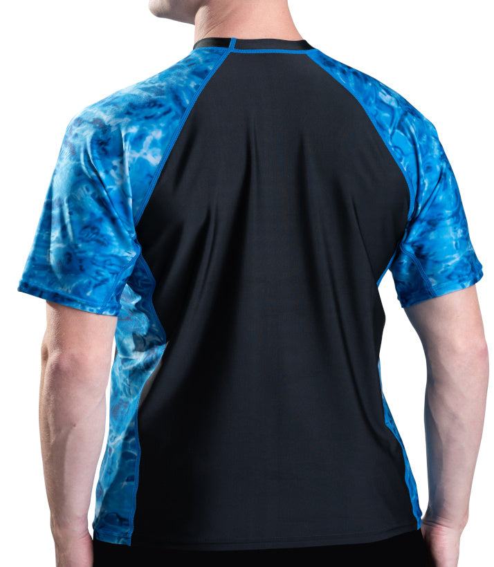 Aqua Design Mens Rash Guard Short Sleeve Swim Shirt UV 50+, Mens Short Sleeve Rash Guard Shirt, Royal Ripple/Black