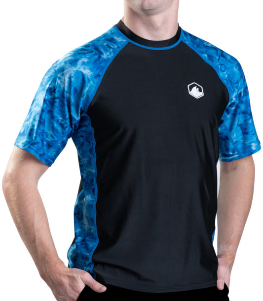 Aqua Design Mens Rash Guard Short Sleeve Swim Shirt UV 50+ , Mens Short Sleeve Rash Guard Shirt, Royal Ripple/Black