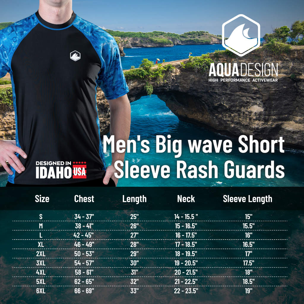 Aqua Design Mens Rash guard Short Sleeve Swim Shirt UV 50+, Mens Long Sleeve Rash Guard Shirt, Size Chart