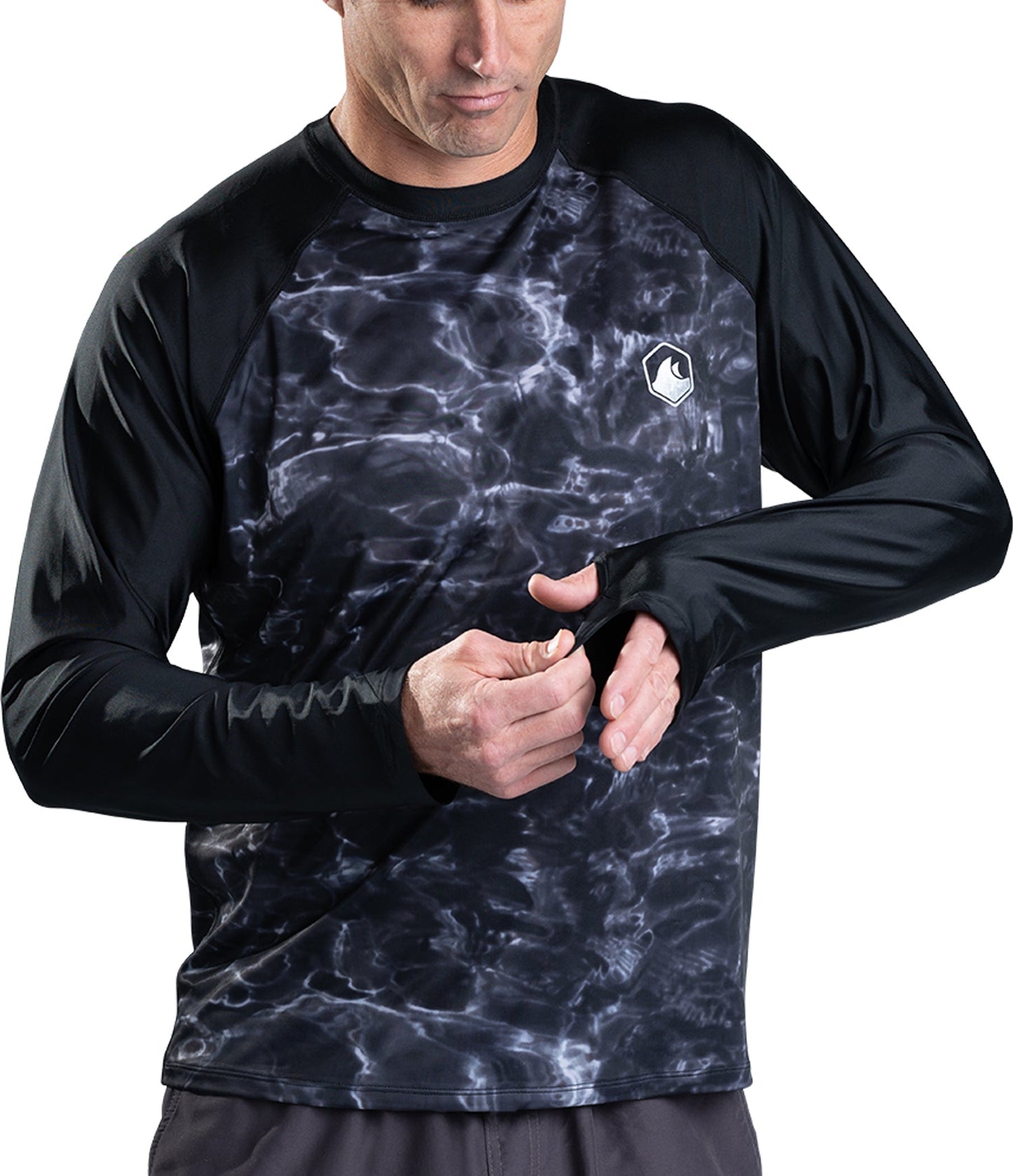 Aqua Design UPF 50+ Mens Rash Guard Long Sleeve Thumb Hole, Long Sleeve Rash Guard Shirt, Black Water/Black
