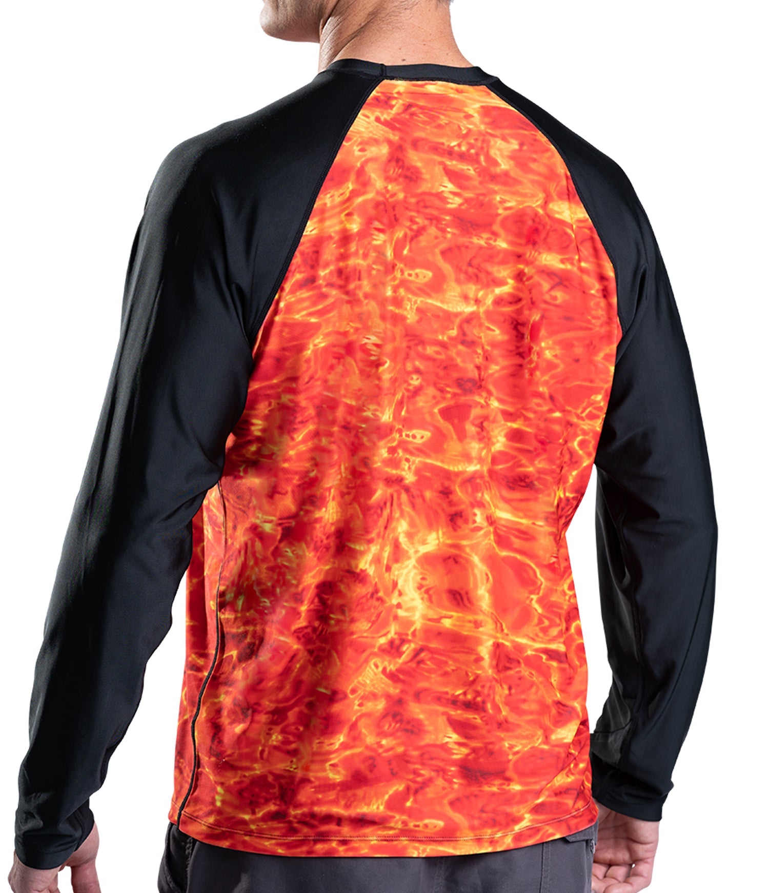 Aqua Design UPF 50 + Mens Rash Guard Long Sleeve Thumb Hole, Long Sleeve Rash Guard Shirt, Liquid Lava/Black