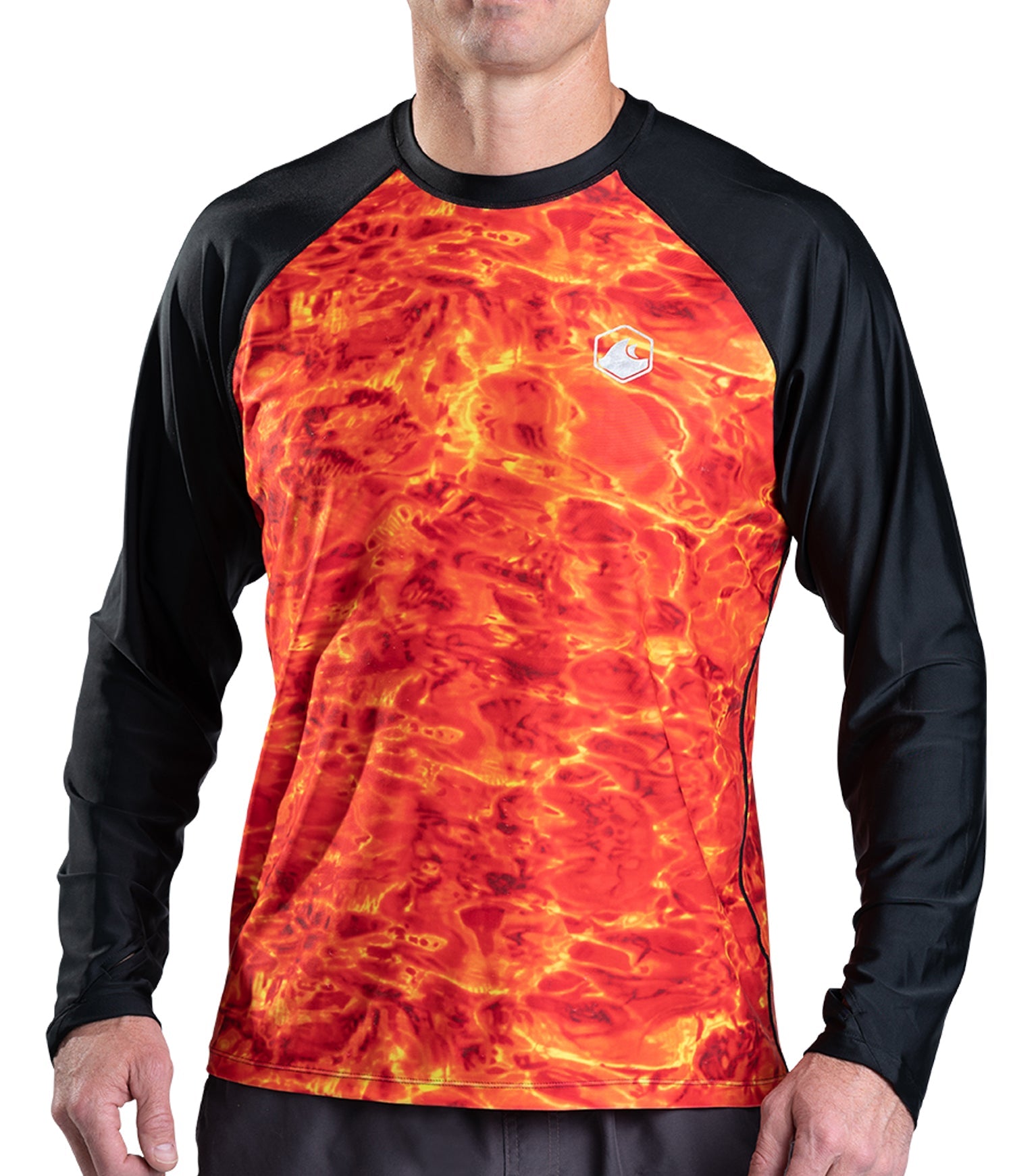 Aqua Design UPF 50 + Mens Rash Guard Long Sleeve Thumb Hole, Long Sleeve Rash Guard Shirt, Liquid Lava/Black