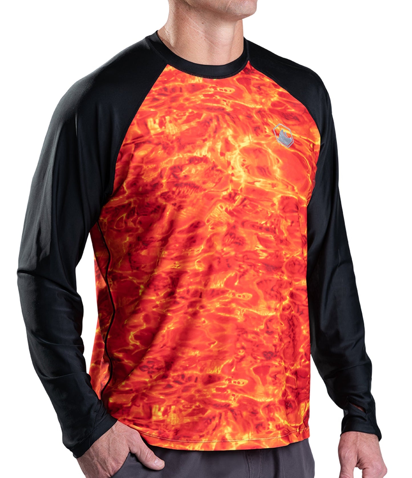 Aqua Design UPF 50+ Mens Rash Guard Long Sleeve Thumb Hole, Long Sleeve Rash Guard Shirt, Liquid Lava/Black