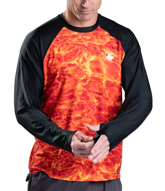 Aqua Design UPF 50+ Mens Rash Guard Long Sleeve Thumb Hole, Long Sleeve Rash Guard Shirt, Liquid Lava/Black