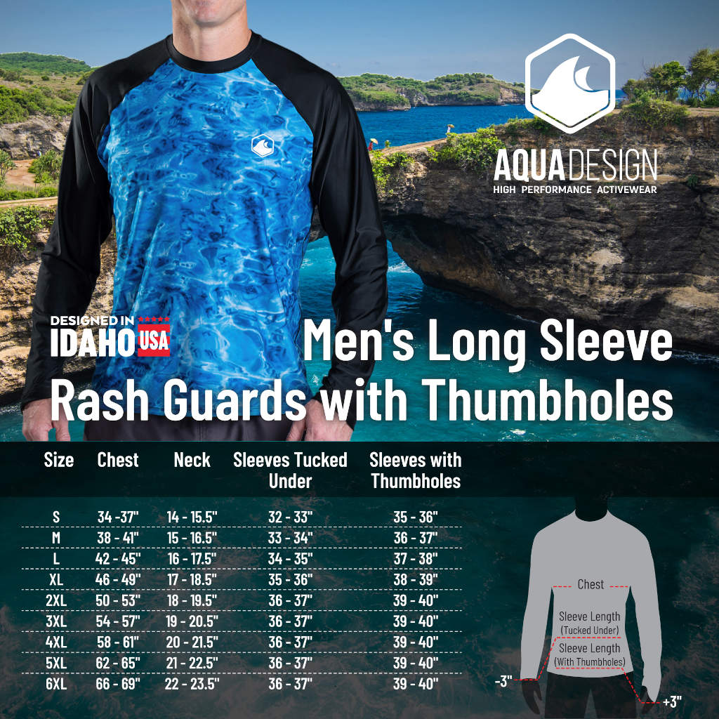 Aqua Design Mens Rash Guard Long Sleeves Thumb Hole UPF 50+, Size Chart Royal Ripple