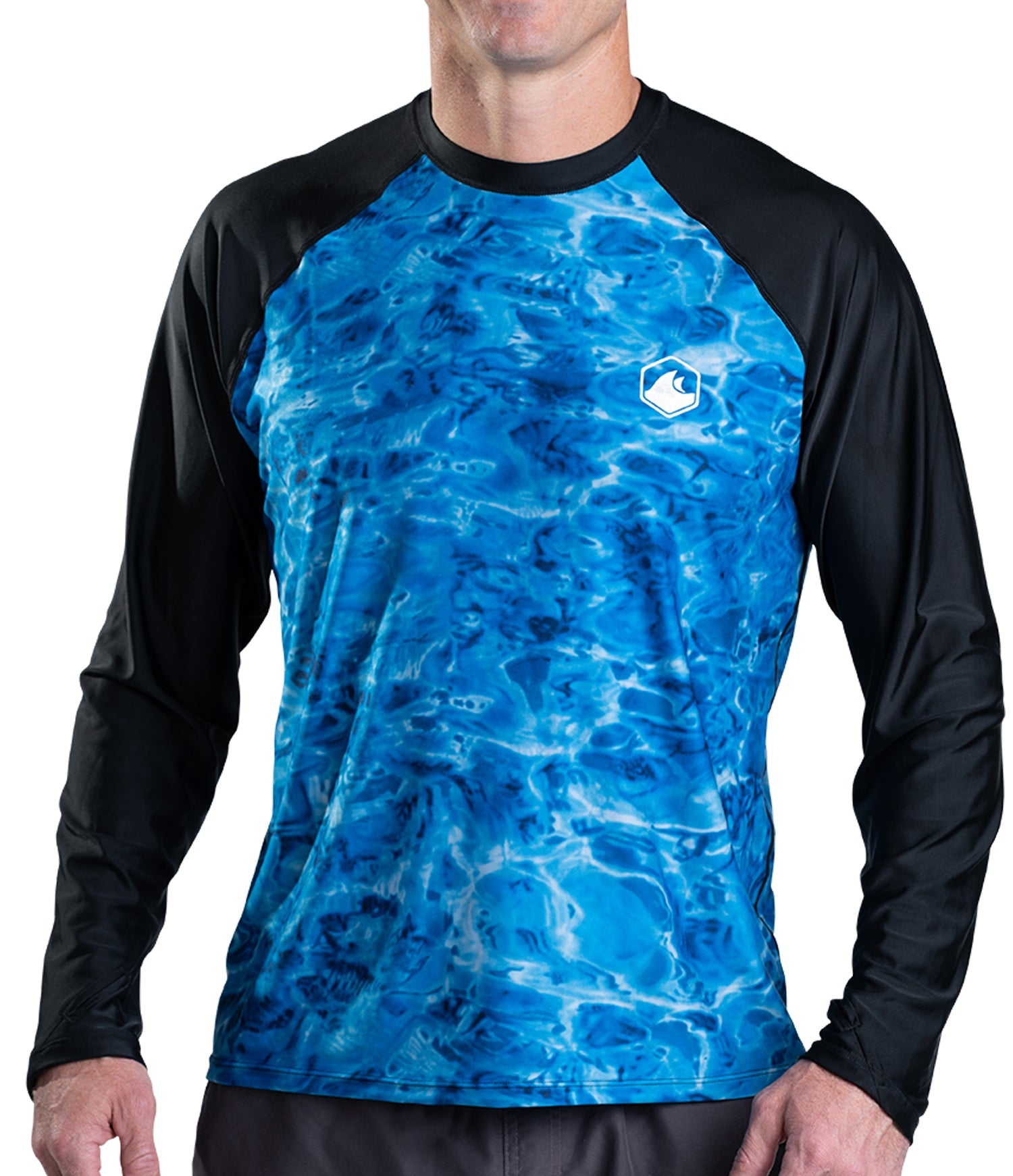 Aqua Design UPF 50+ Mens Rash Guard Long Sleeve Thumb Hole, Long Sleeve Rash Guard Shirt, Royal Ripple/Black