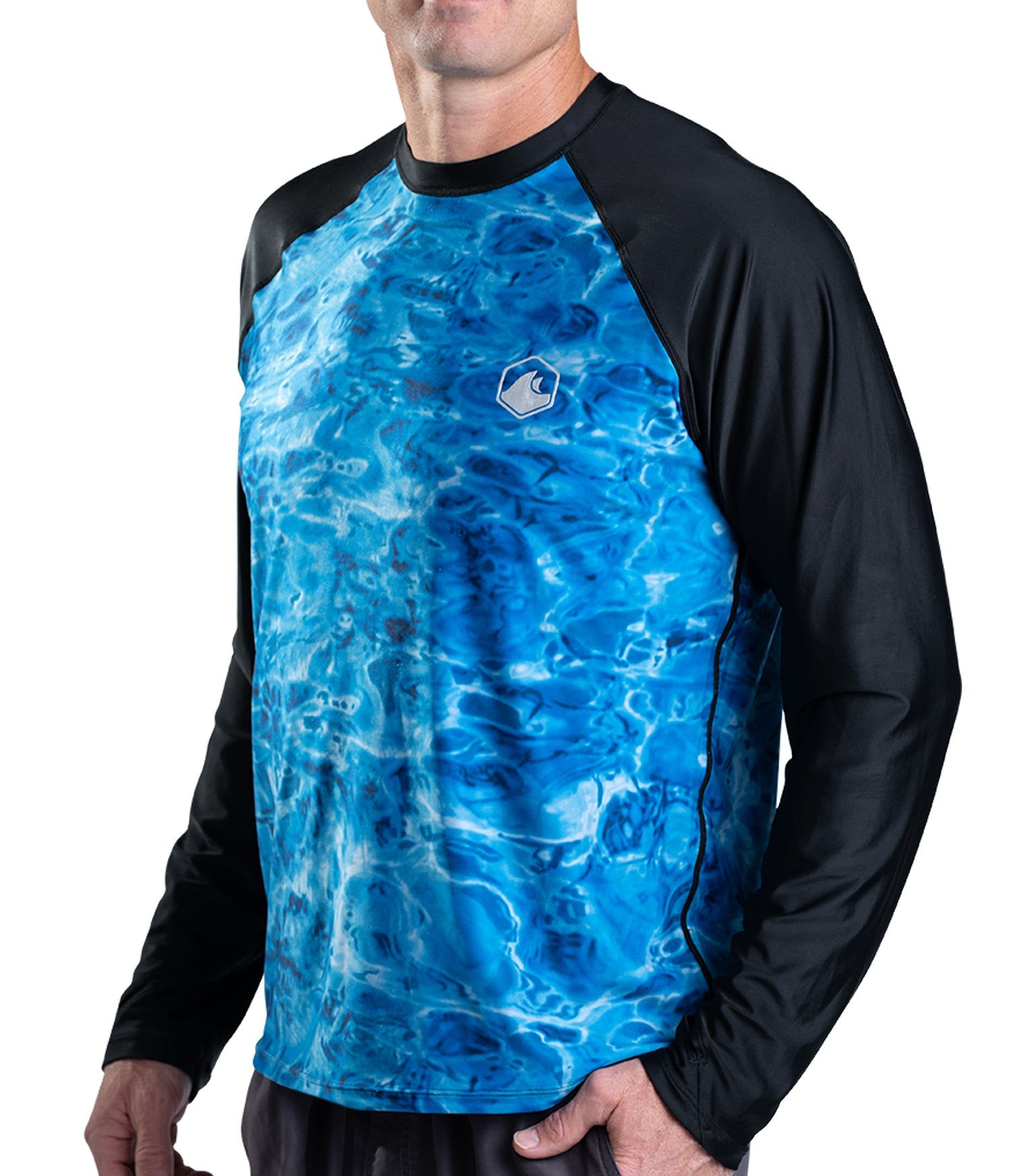 Aqua Design UPF 50+ Mens Rash Guard Long Sleeve Thumb Hole, Long Sleeve Rash Guard Shirt, Royal Ripple/Black