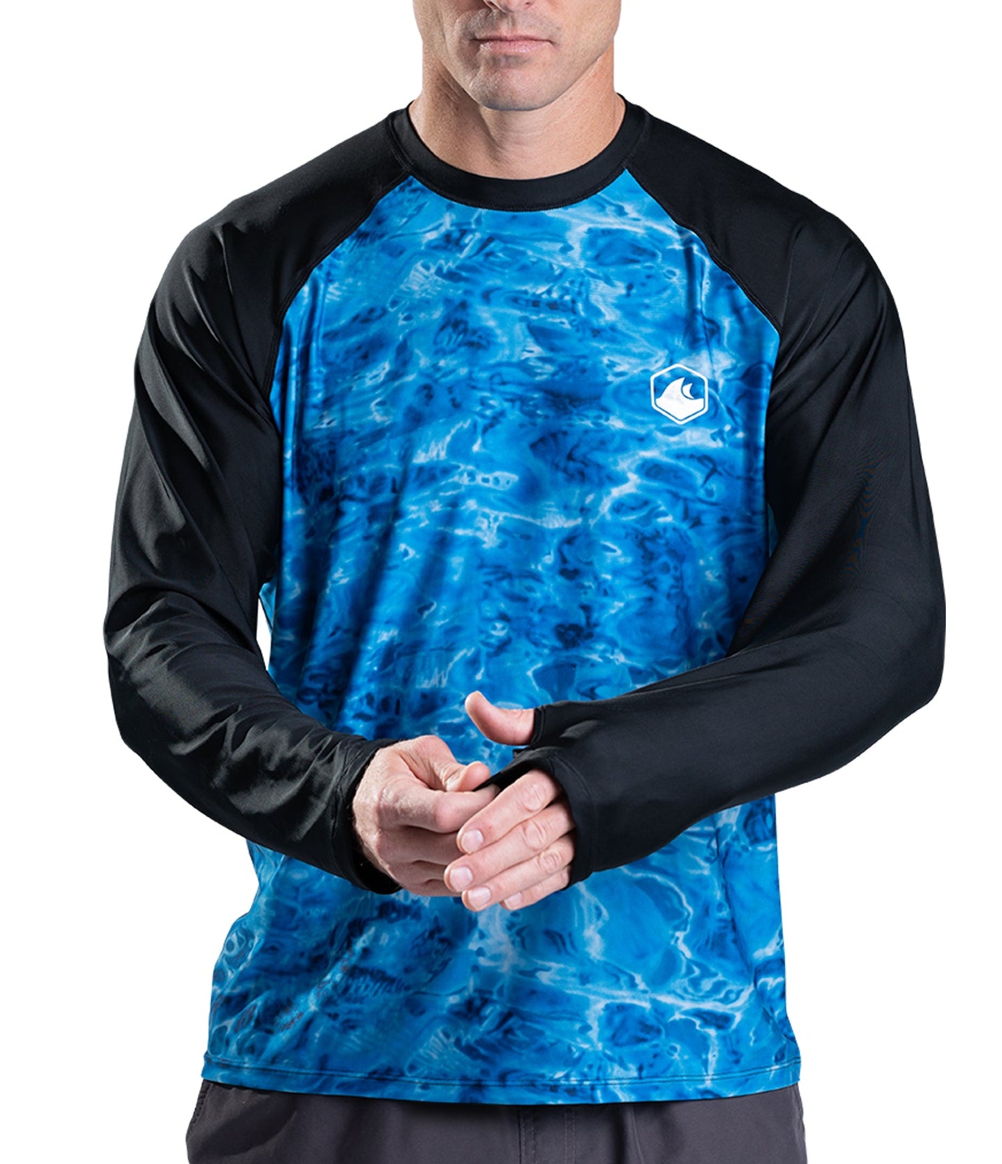 Aqua Design UPF 50+ Mens Rash Guard Long Sleeve Thumb Hole, Long Sleeve Rash Guard Shirt, Royal Ripple/Black