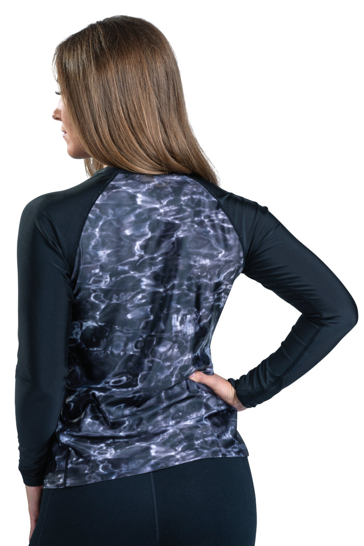 Aqua Design Womens Full Zip Long Sleeve Rash Guard Swim Shirt, UPF 50+, Black Water/Black