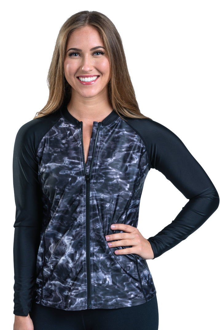 Aqua Design Womens Full Zip Long Sleeve Rash Guard Swim Shirt, UPF 50+, Black Water/Black