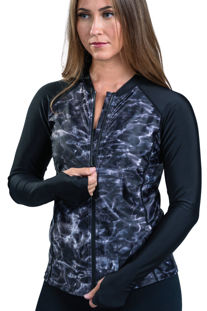 Aqua Design Womens Full Zip Long Sleeve Rash Guard Swim Shirt, UPF 50+, Black Water/Black