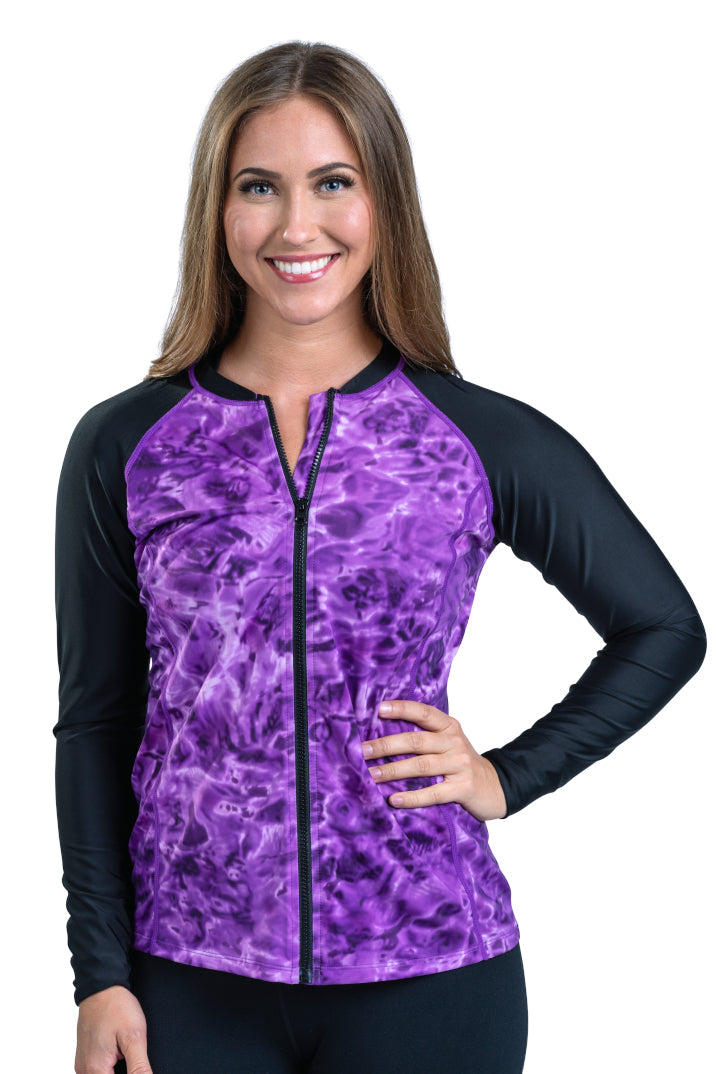 Aqua Design Womens Full Zip Long Sleevs Rash Guard Swim Shirt, UPF 50+, Liquid Purple/Black