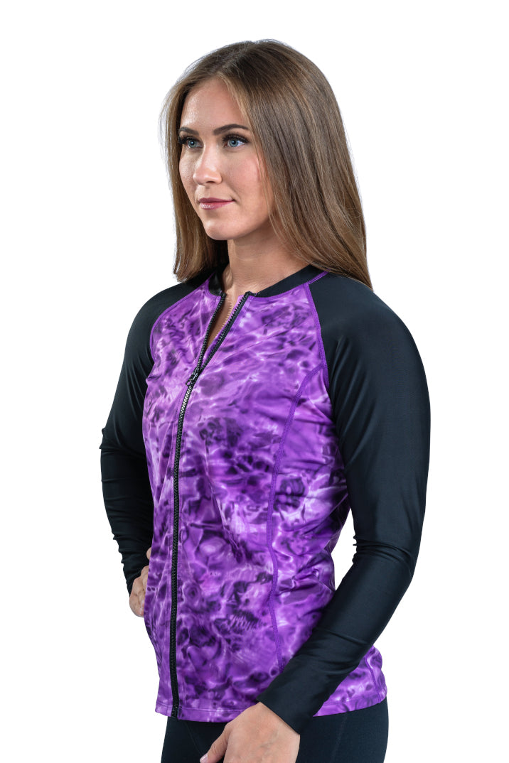 Aqua Design Womens Full Zip Long Sleeve Rash Guard Swim Shirt, UPF 50+, Liquid Purple/Black