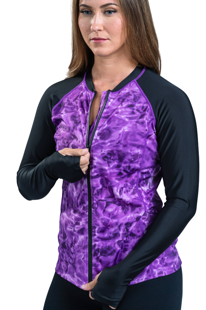 Aqua Design Womens Full Zip Long Sleeve Rash Guard Swim Shirt, UPF 50+ , Liquid Purple/Black