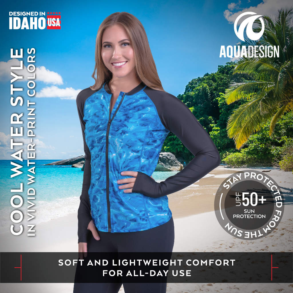 Womens Full Zip Rash Guard Long Sleeve Thumb Hole UPF50+ Swim Shirts | Aqua Design