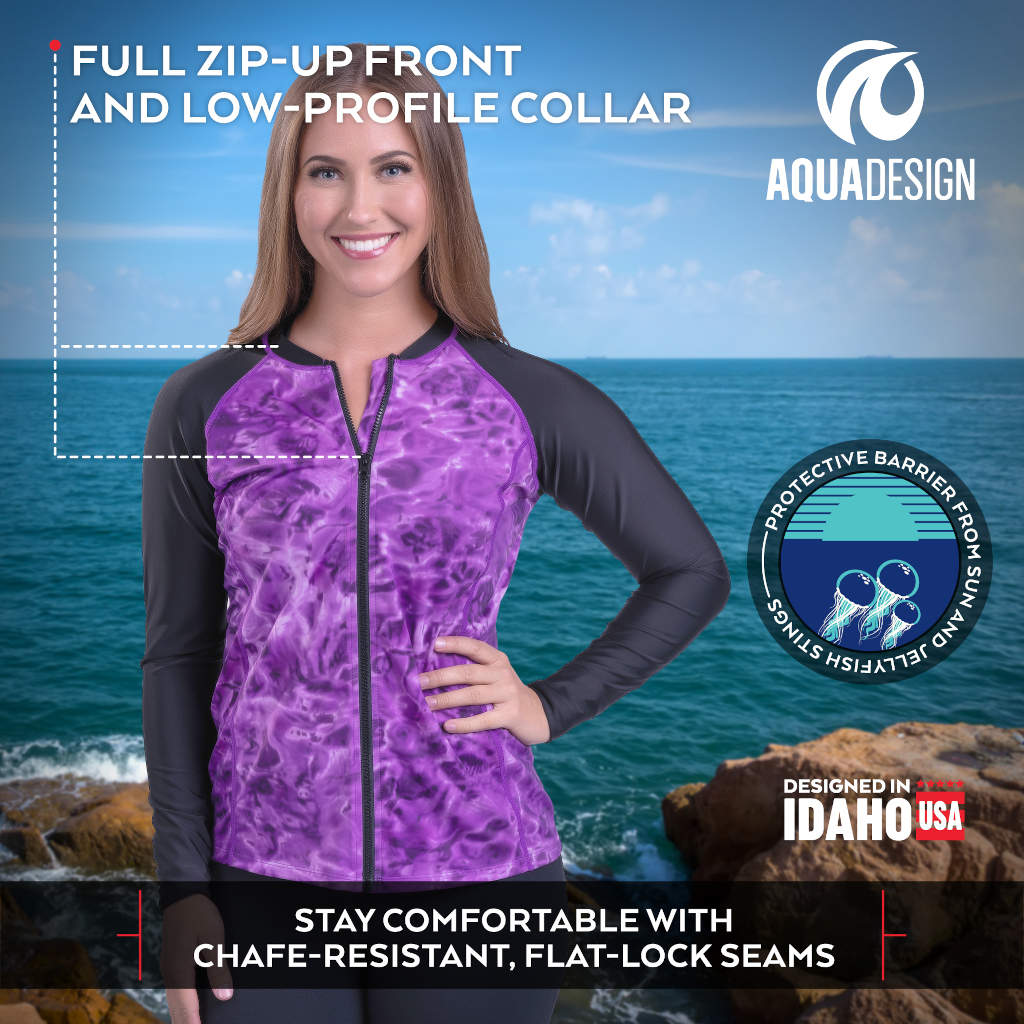 Womens Full Zip Rash Guard Long Sleeve Thumb Hole UPF50+ Swim Shirts | Aqua Design