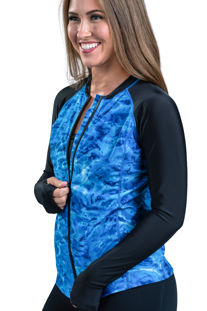 Aqua Design Womens Full Zip long Sleeve Rash Guard Swim Shirt, UPF 50+, Royal Ripple/Black