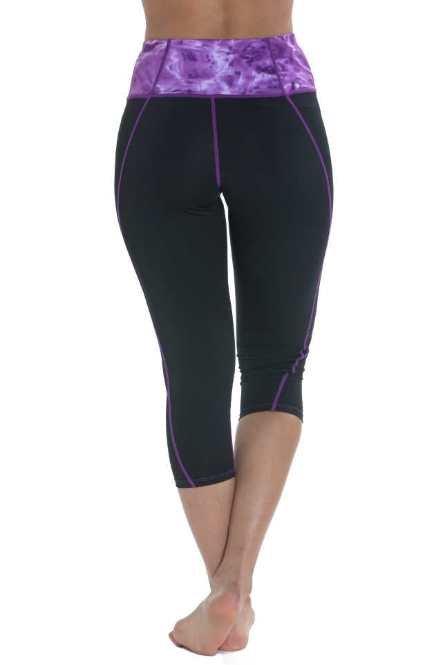 Aqua Design Womens High Waist Capri Swim Leggings, UPF 50+, Black/Liquid Purple
