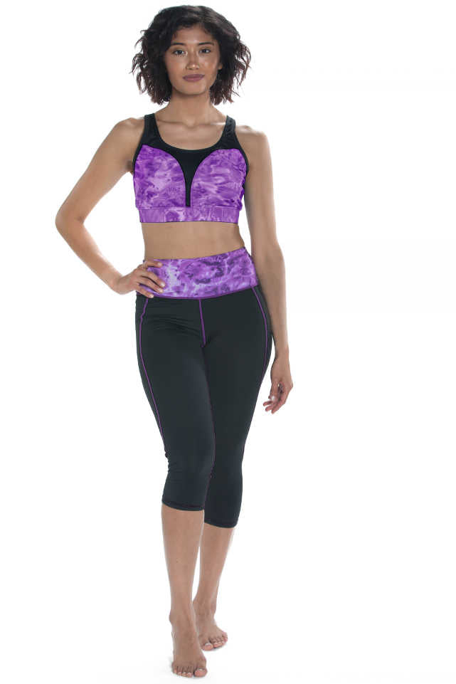 Aqua Design Womens Workout High Waist Capri Swim Leggings, UPF 50+, Black/Liquid Puple