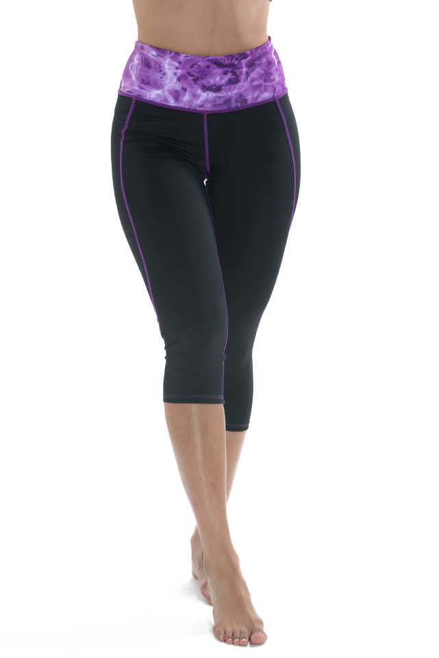 Aqua Design Womens Workout High Waist Capri Swim Leggings, UPF 50+, Black/Liquid Purple