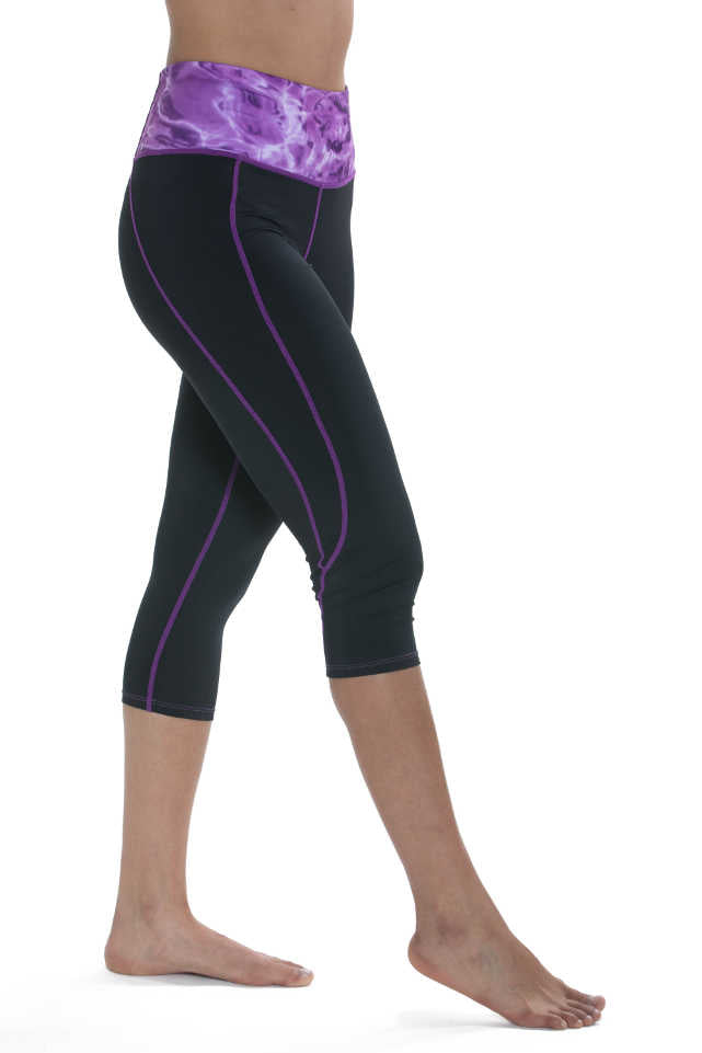 Aqua Design Womens Workout High Waist Capro Swim Leggings, UPF 50+, Black/Liquid Purple