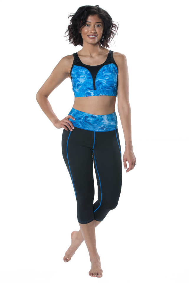 Aqua Design Womens Workout High Waist Capri Swim Leggings, UPF 50+, Black/Royal Ripple