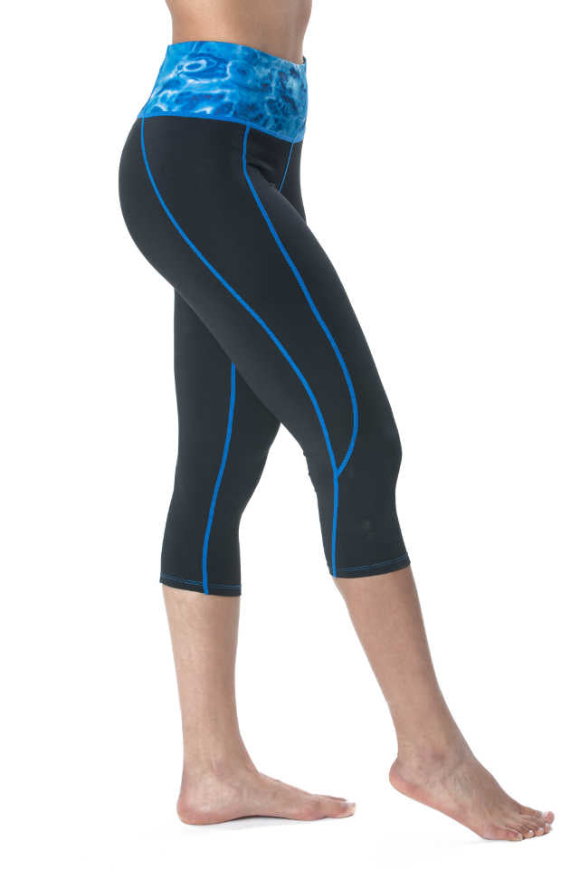 Aqua Design Womens Workout High Waist Capri Swim Leggings, UPF 50+. Black/Royal Ripple