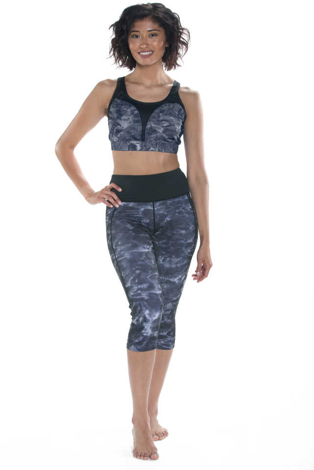 Aqua Design Womens Workout High Waist Capri Swim Leggings, UPF 50+, Black Water/Black