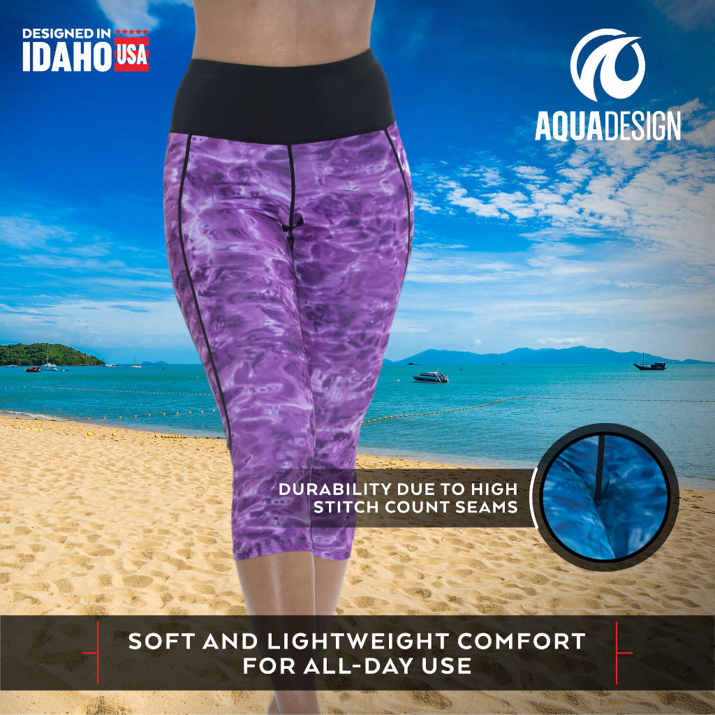Womens Workout High Waist Capri Swim Leggings | Aqua Design